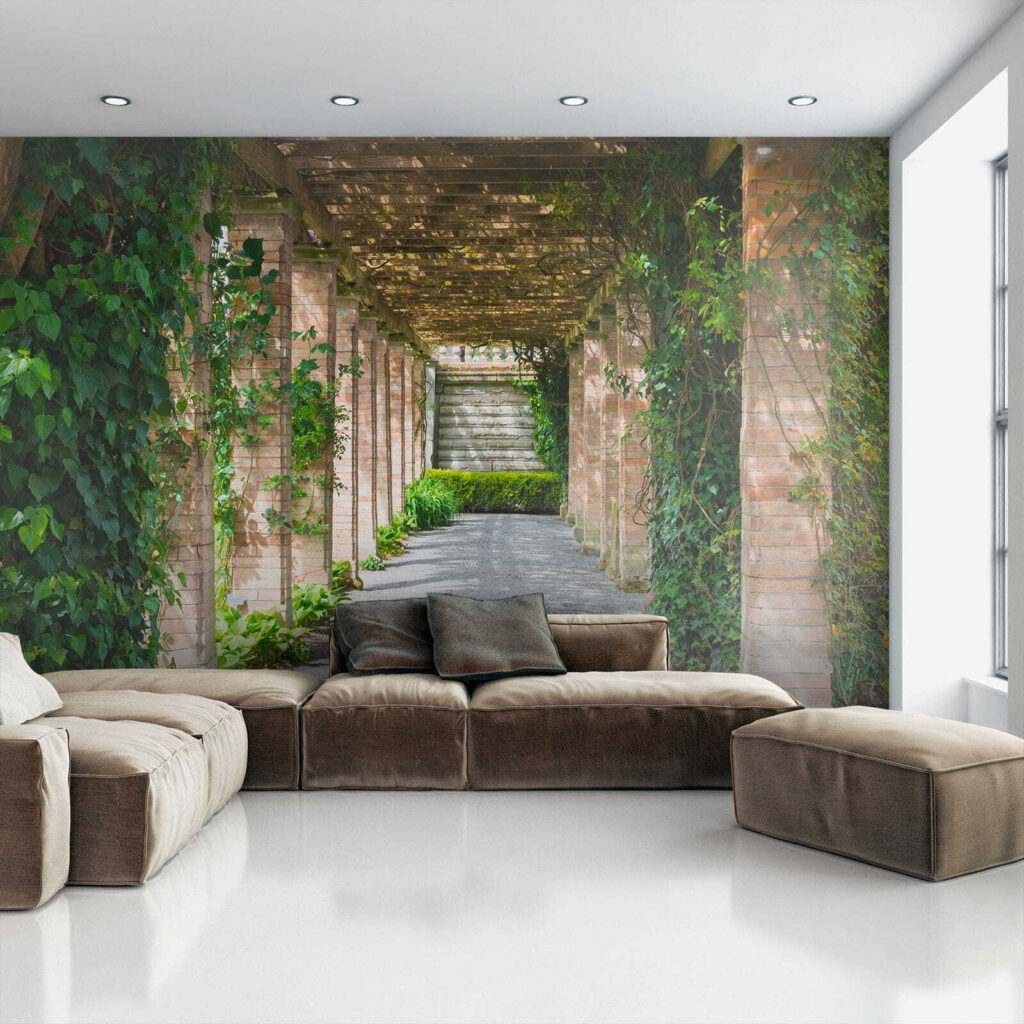 Walkway with stone pillars and vines