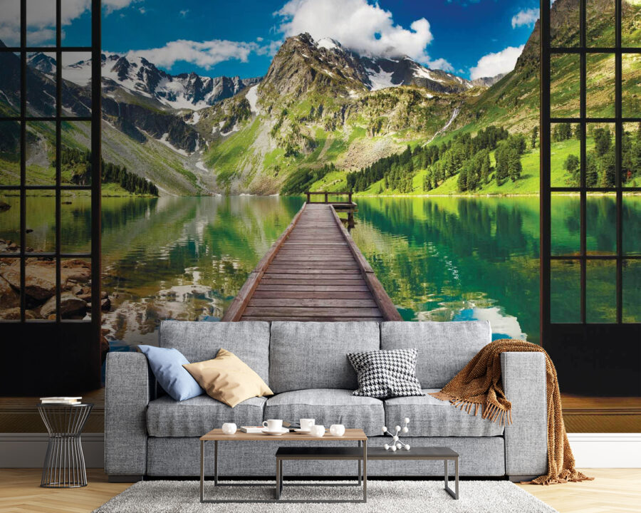 Vista de un lago desde una habitación con muelle de madera y montañas