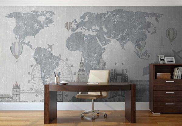 Mapa del mundo con edificios y una noria Mapa del mundo con edificios y una noria