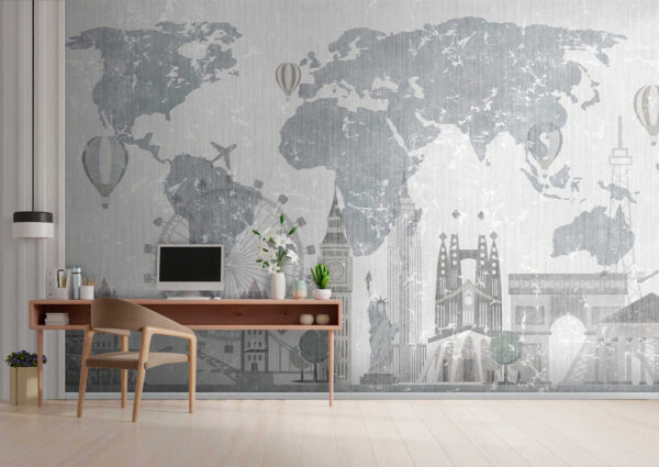 Mapa del mundo con edificios y una noria Mapa del mundo con edificios y una noria