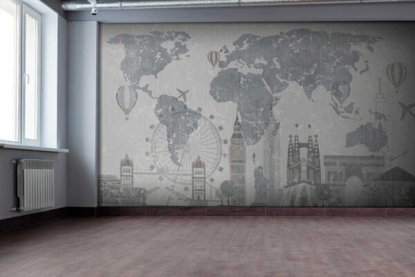 Mapa del mundo con edificios y una noria Mapa del mundo con edificios y una noria