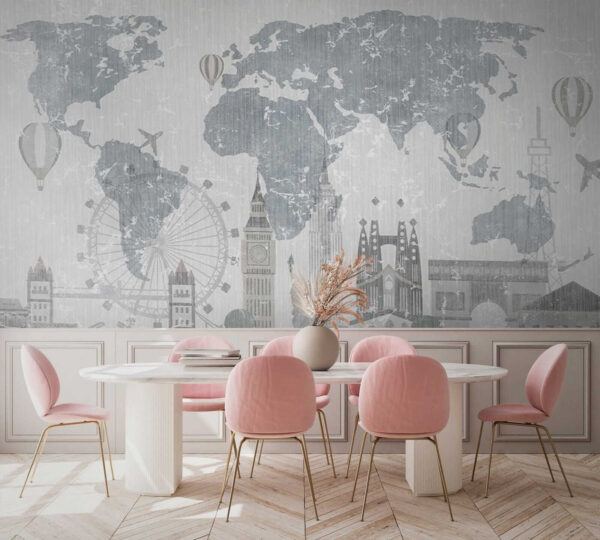 Mapa del mundo con edificios y una noria Mapa del mundo con edificios y una noria