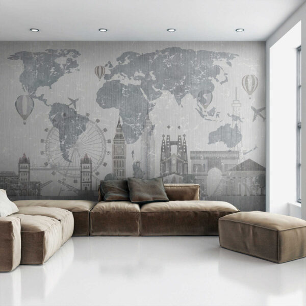Mapa del mundo con edificios y una noria Mapa del mundo con edificios y una noria