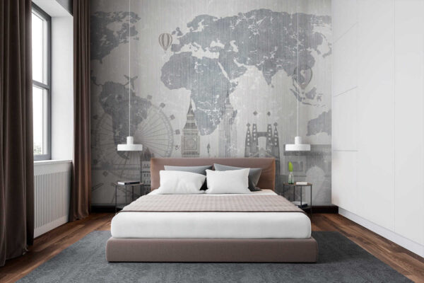 Mapa del mundo con edificios y una noria Mapa del mundo con edificios y una noria