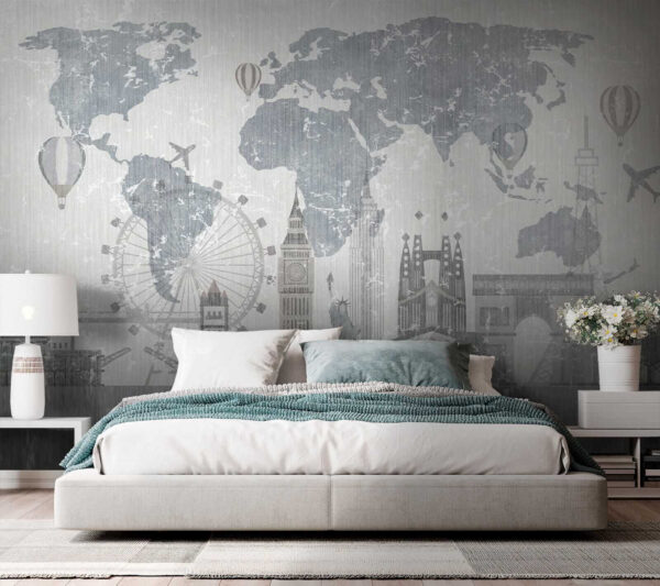 Mapa del mundo con edificios y una noria Mapa del mundo con edificios y una noria