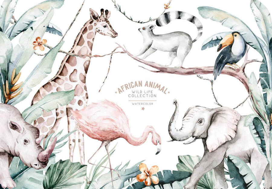 Ilustración en acuarela de animales y plantas