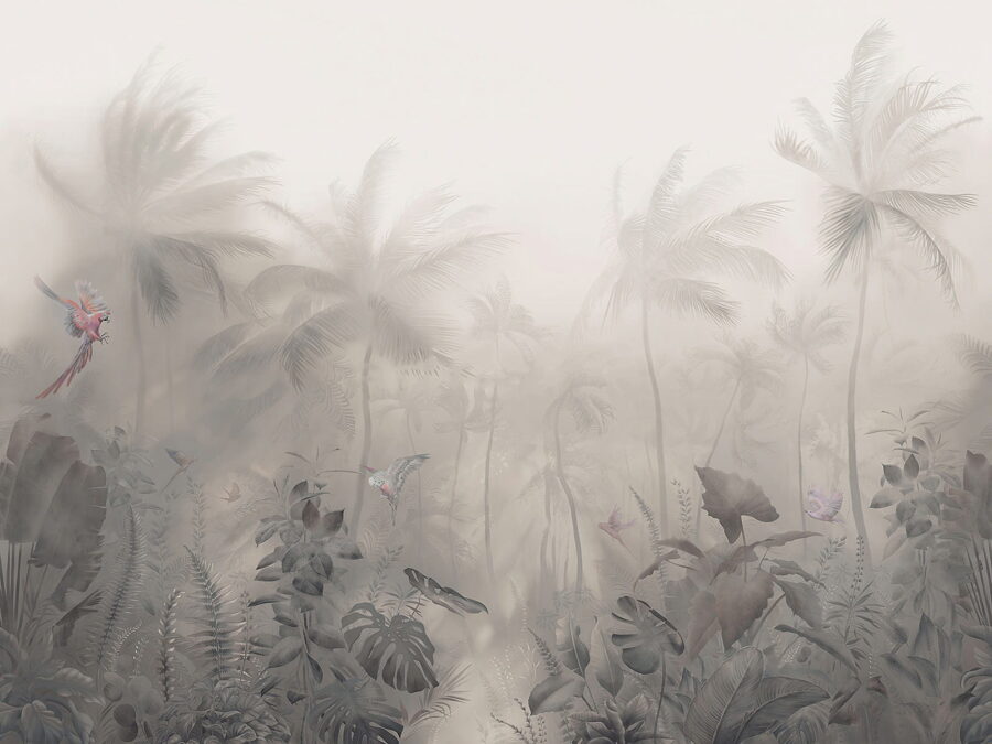 Bosque brumoso con palmeras y mariposas