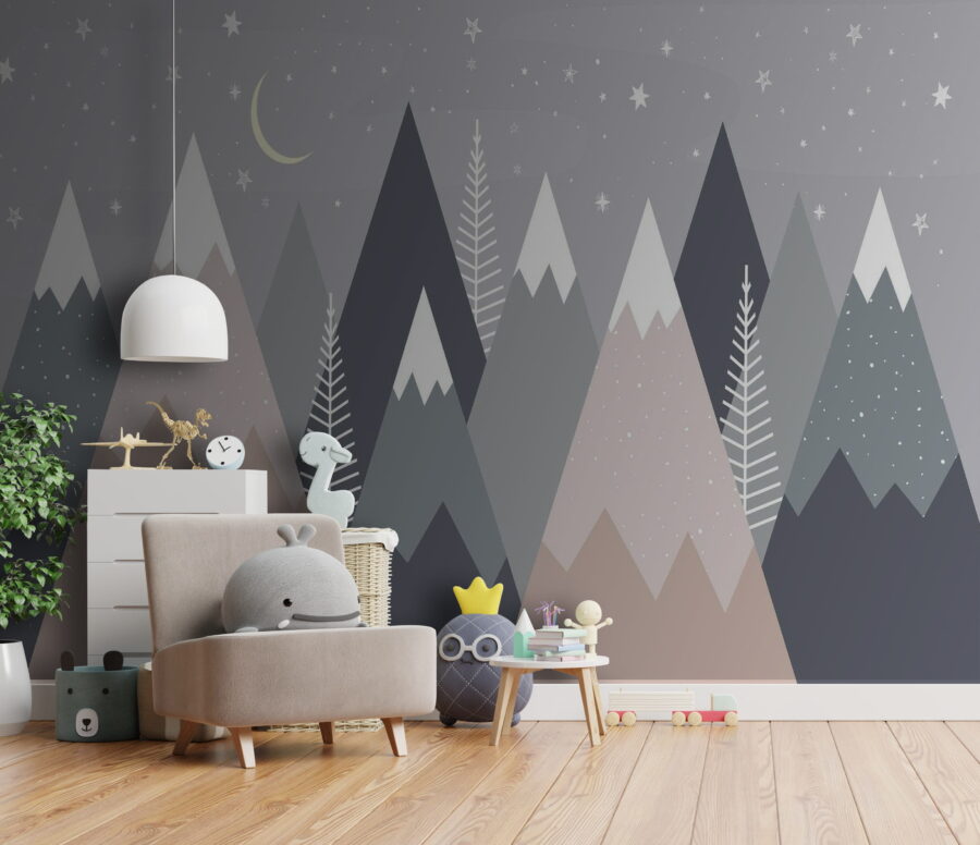 Sierra con árboles y estrellas