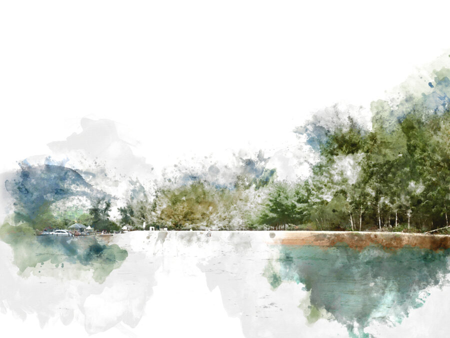 Acuarela de un lago con árboles y montañas al fondo