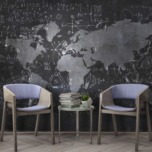 Pizarra con un mapa y ecuaciones matemáticas Pizarra con un mapa y ecuaciones matemáticas