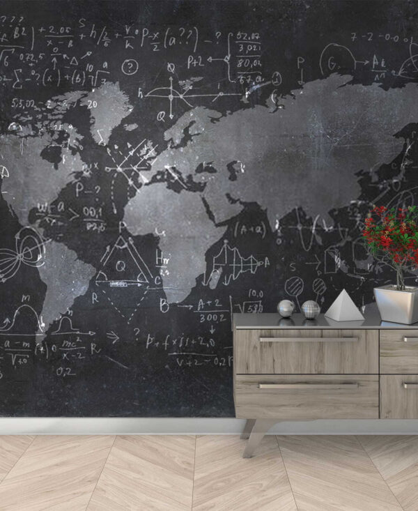 Pizarra con un mapa y ecuaciones matemáticas Pizarra con un mapa y ecuaciones matemáticas