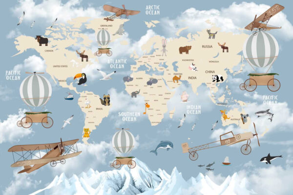 Mapa del mundo con diferentes animales y aves Mapa del mundo con diferentes animales y aves