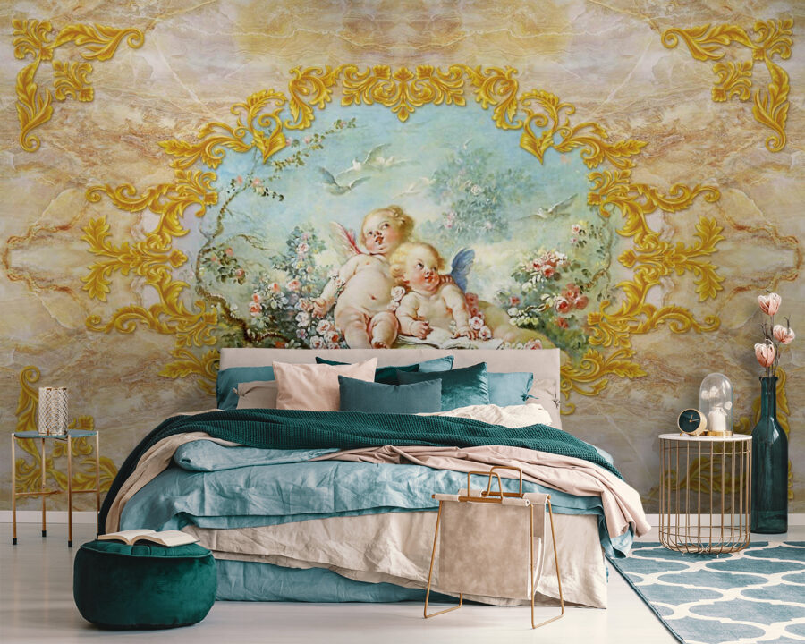 Pintura de ángeles y flores