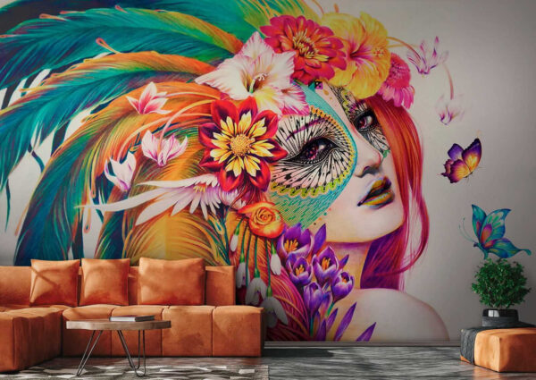 Mujer con plumas de colores y flores Mujer con plumas de colores y flores