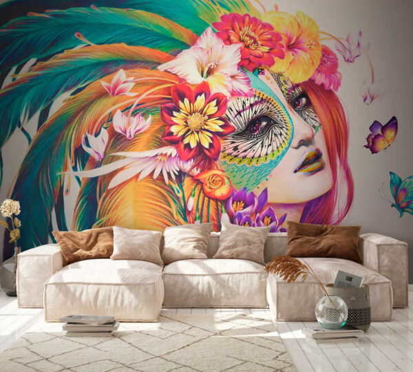 Mujer con plumas de colores y flores Mujer con plumas de colores y flores