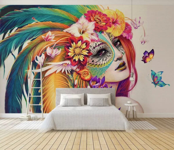 Mujer con plumas de colores y flores Mujer con plumas de colores y flores