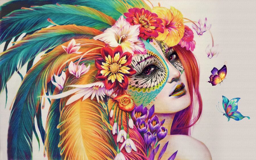 Mujer con plumas de colores y flores