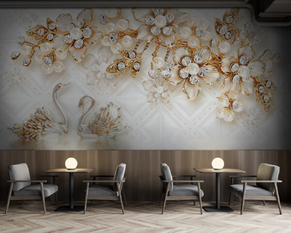 Papel pintado con cisnes y flores Papel pintado con cisnes y flores