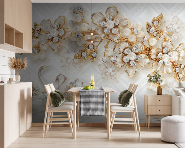 Papel pintado con cisnes y flores Papel pintado con cisnes y flores