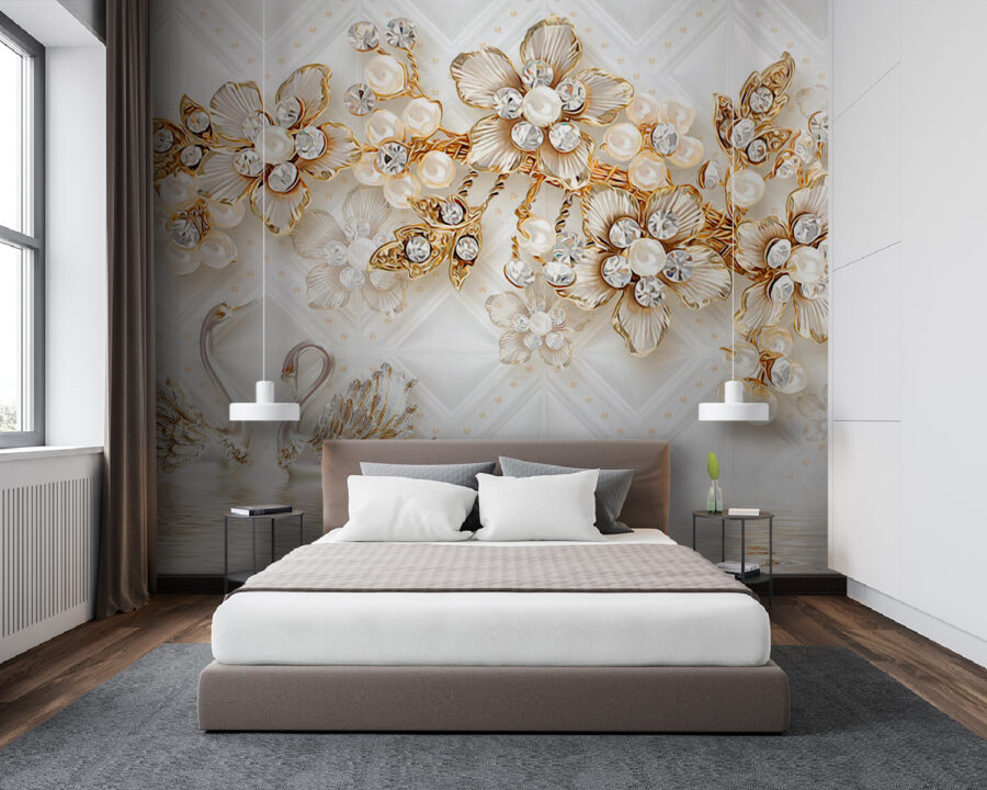 Papel pintado con cisnes y flores