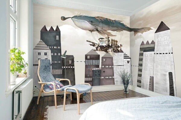 Fotomurales Fotomurales Ballena sobrevolando una ciudad (SKU: u44334)