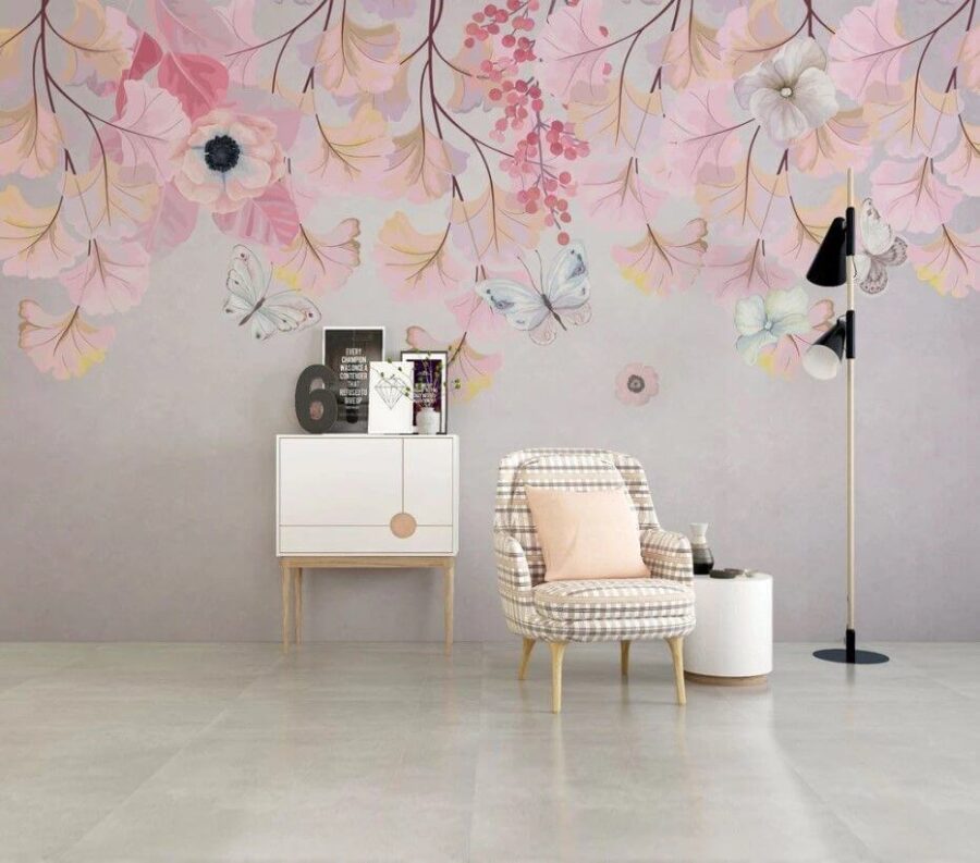 Pintura de flores y mariposas