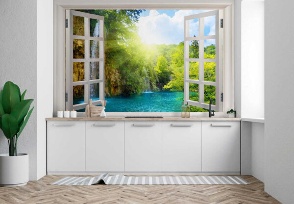 Ventana con cascada y árboles Ventana con cascada y árboles