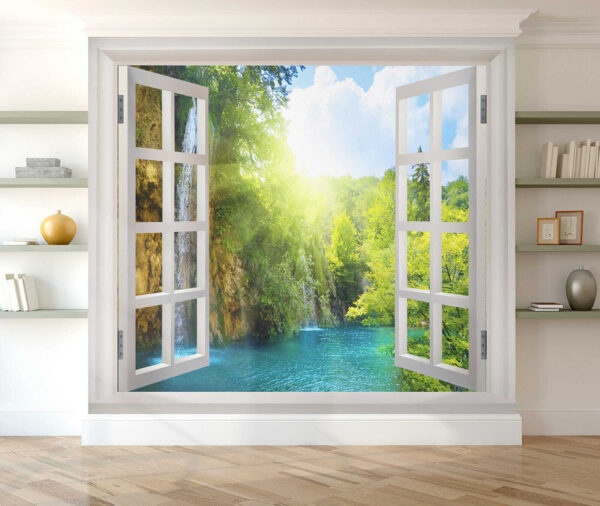 Ventana con cascada y árboles Ventana con cascada y árboles