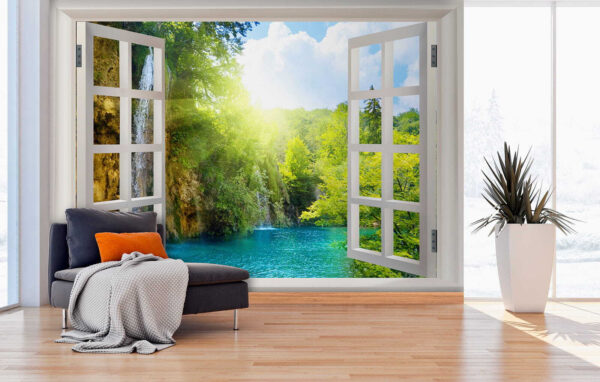 Ventana con cascada y árboles Ventana con cascada y árboles