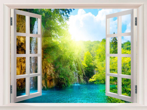 Ventana con cascada y árboles Ventana con cascada y árboles