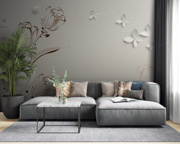 Fotomurales Fotomurales Tulipanes blancos y mariposas (SKU: u42642)