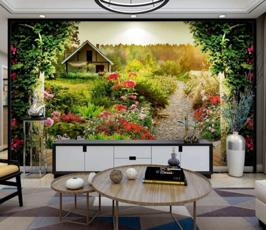 Jardín con flores y una casa