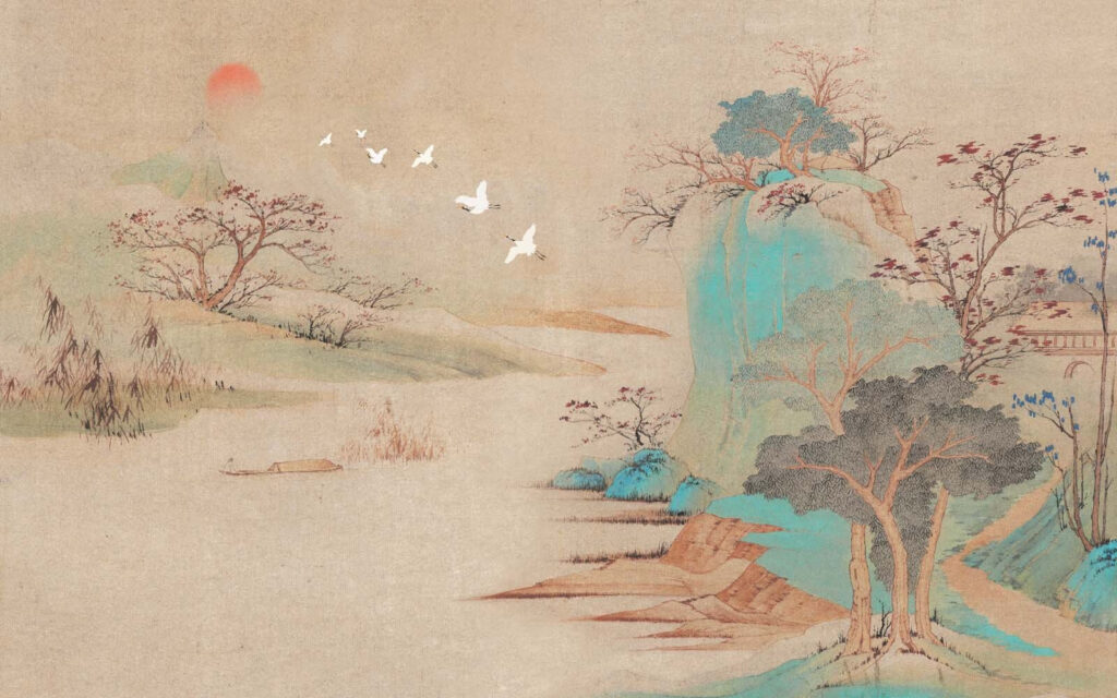 Pintura de un paisaje con árboles y pájaros volando Pintura de un paisaje con árboles y pájaros volando