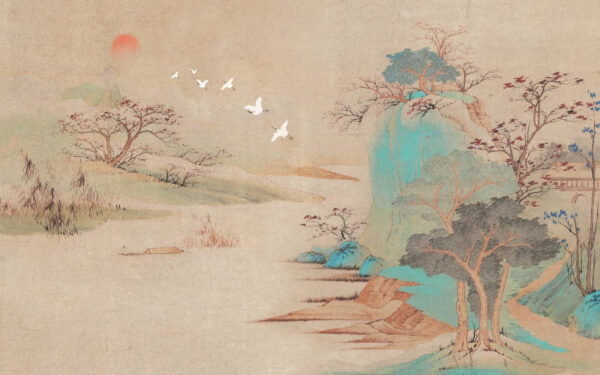 Pintura de un paisaje con árboles y pájaros volando Pintura de un paisaje con árboles y pájaros volando