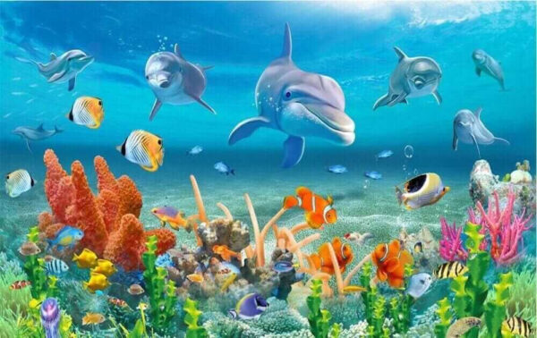 Grupo de peces y delfines nadando en el océano Grupo de peces y delfines nadando en el océano