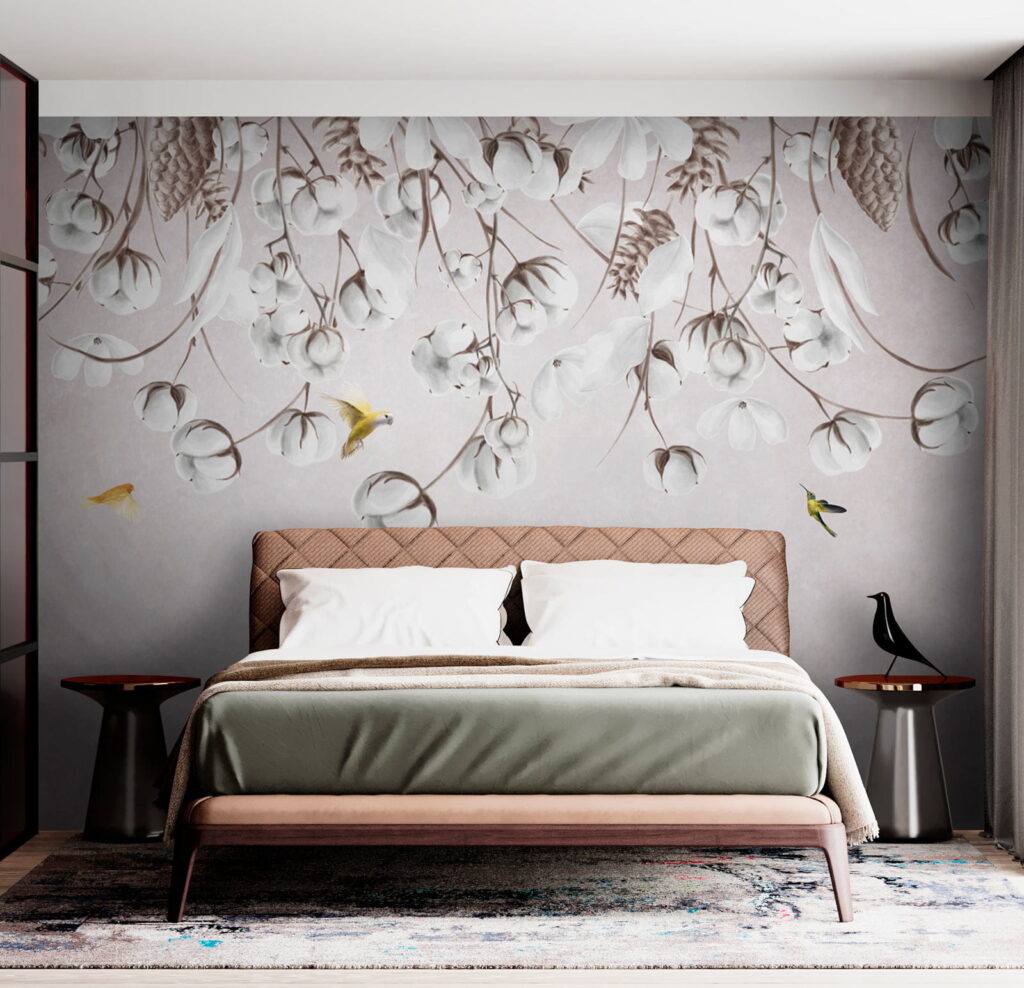 Bird flying over cotton flowers