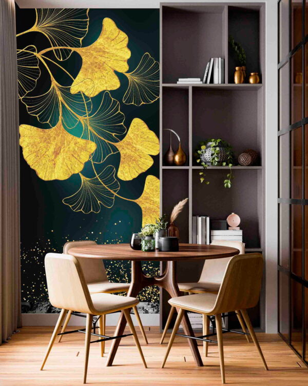 Hojas de ginkgo y pájaros en elegancia Hojas de ginkgo y pájaros en elegancia