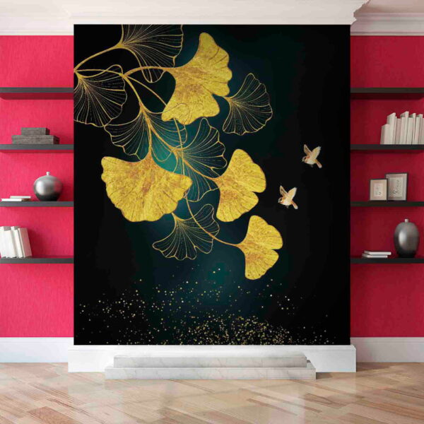 Hojas de ginkgo y pájaros en elegancia Hojas de ginkgo y pájaros en elegancia