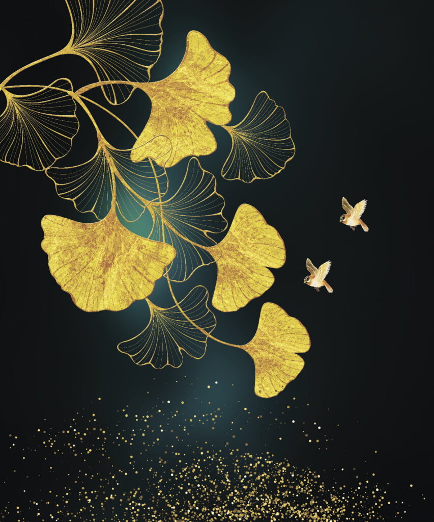 Hojas de ginkgo y pájaros en elegancia Hojas de ginkgo y pájaros en elegancia