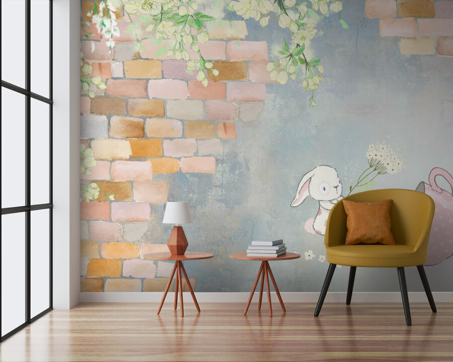 Conejo de dibujos animados y una casa con flores