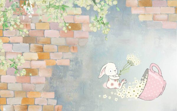 Conejo de dibujos animados y una casa con flores Conejo de dibujos animados y una casa con flores