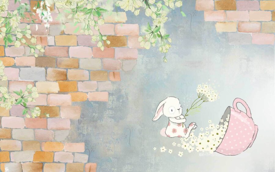 Conejo de dibujos animados y una casa con flores