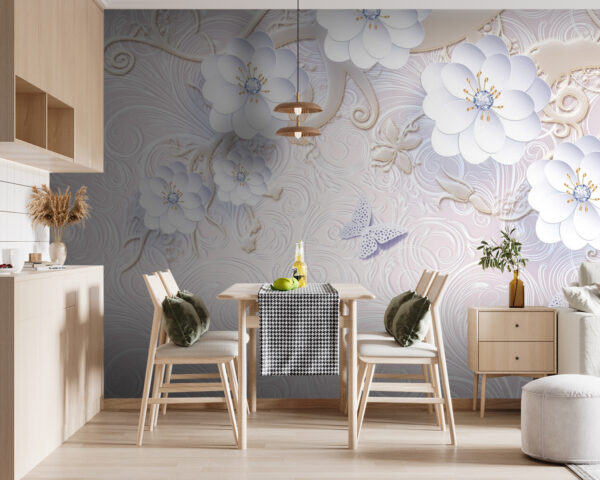 Papel pintado con flores blancas y mariposas Papel pintado con flores blancas y mariposas