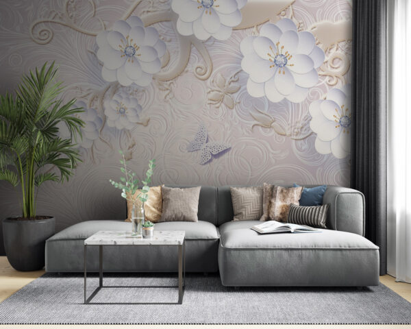 Papel pintado con flores blancas y mariposas Papel pintado con flores blancas y mariposas