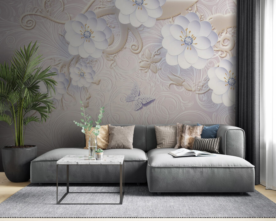 Fotomurales Papel pintado con flores blancas y mariposas - Imagen 3