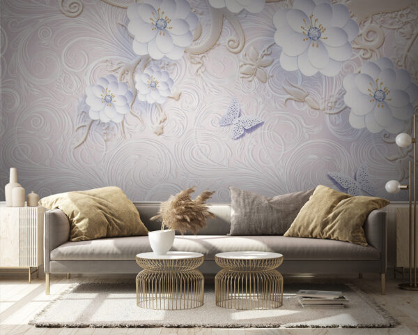 Papel pintado con flores blancas y mariposas Papel pintado con flores blancas y mariposas