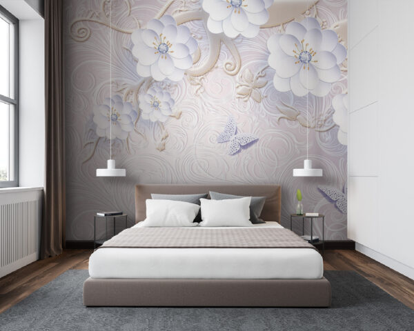 Papel pintado con flores blancas y mariposas Papel pintado con flores blancas y mariposas