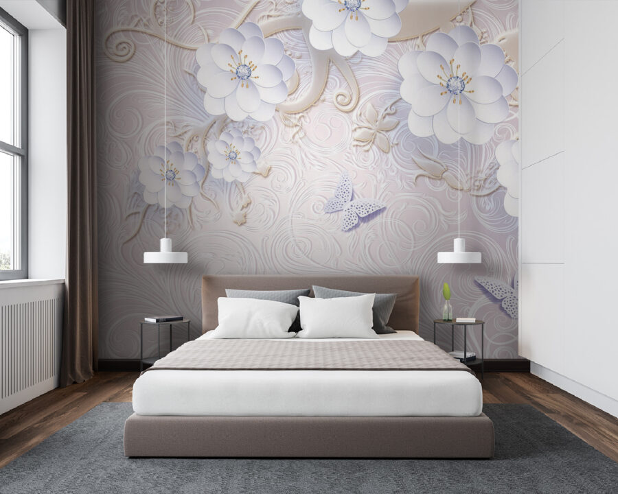 Fotomurales Papel pintado con flores blancas y mariposas - Imagen 2