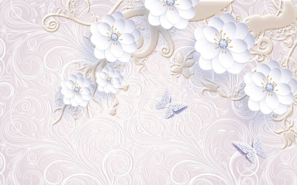 Papel pintado con flores blancas y mariposas Papel pintado con flores blancas y mariposas