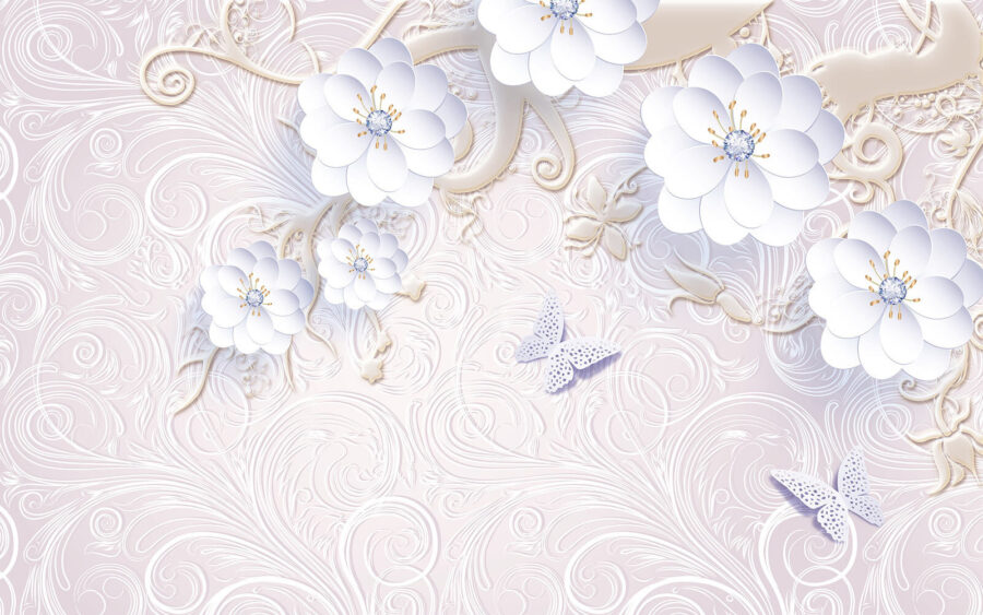 Fotomurales Papel pintado con flores blancas y mariposas - Imagen 5